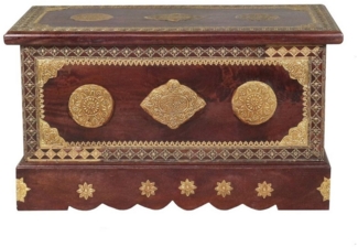Oriental Galerie Truhe Indische Truhe mit Messing 80 cm, Holztruhe mit Stauraum, Schatztruhe mit Deckel, Massiv