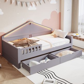 Merax Einzelbett, Jugendbett, Kinderbett 90×200 cm, mit Lichtleiste, Schubladen, Lattenrost, grau