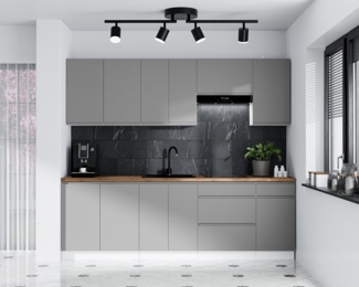 AX LIVING Aquileia Küchenzeile 240 cm – Grau mit Weißem Korpus & Artisan Eiche Platte