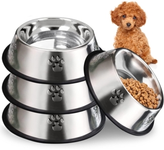 Edelstahlnapf für Hunde und Katzen (4er-Set) mit Gummiboden, geeignet für kleine und mittelgroße Tiere, Kätzchen und Kaninchen, 18 x 13 x 5,5 cm