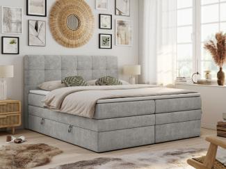 Boxspringbett mit Kopfteil und Topper, Polsterbett - LUKA-KING - 140x200cm - Hellgrau Stoff - H4