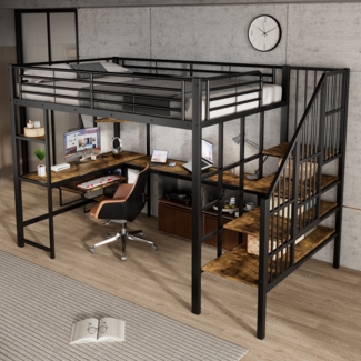 Eisenbett, Etagenbett mit Ladeanschluss, Ecktreppe, Schreibtischbereich mit Tastaturablage und Ablagebereich, Eisen + MDF, Schwarz + Dunkel, 120 x 200 cm