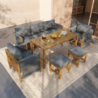 Merax Gartenlounge-Set aus Akazienholz und Seil, (6-tlg, Sitzgruppe Gartengarnitur Balkonmöbel), 7-Sitzer Gartenmöbel Essgruppe mit Sofa, 2 Sessel, 2 Hocker & Esstisch