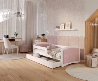 AJKmeble Kinderbett mit Rausfallschutz, 80x160, 80x180, 90x200 cm inkl. Lattenrost (MADE IN EU - JUGENDBETT - Kinderbett - mit Polsterung in Weiß, Rosa und Grau, mit Rausfallschutz, für Jungen und Mädchen, Kinderzimmer-Bett), MDF-Holz Made in Europe