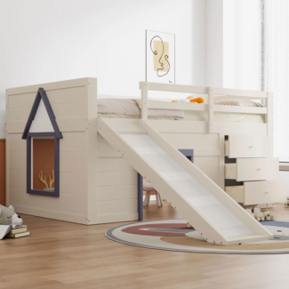 Hochbett mit Lattenrost, Rutsche, Schubladen, Spielraum und Leiter, 140x200cm, Kinderbett mit Rausfallschutz, Kiefer