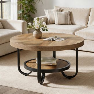 LITTLE TREE Runder Couchtisch Industrial, 2-stöckiger Wohnzimmertisch mit Ablagefach – 79 cm Durchmesser, Braun – Stabiler Sofatisch mit gebogenen Metallbeinen für Home Office & Wohnbereich