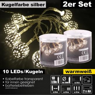 2x 10er LED Kugel Lichterkette Set Batteriekette Weihnachten Beleuchtung Deko Silber