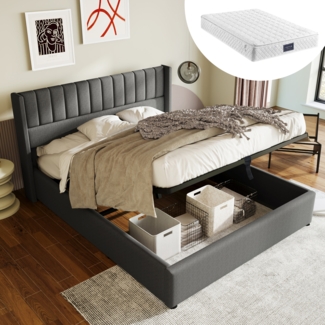 Polsterbett 140x200 cm mit Stauraum und hydraulischem Lattenrost, gepolstertes Kopfteil, Massivholz Metallbett in Grau,inklusive Matratze
