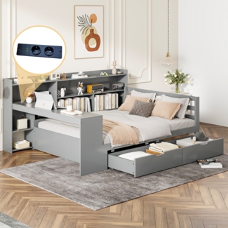 Merax Daybett Schlafsofa aus Massivholz, 140*200 cm, Mit Schreibtisch Bücherregal Ablagefächern und Regalen, Mit Steckdose, Mit 2 großen Ablagefächern, Multifunktionales Doppelholzbett, Grau