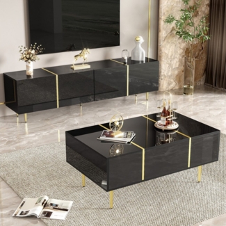 HAUSS SPOLE Wohnzimmer-Set mit Hochglanz-schwarz TV-Schrank und Couchtisch Set Einfaches Design, (Wohnwand, TV-Wandkombination, Wohnzimmer-Wandkombination, 2-St, 170*35*46 cm+ 100*60*41,5 cm), mit Hochglanz-Oberfläche, Dämpfungsscharniere