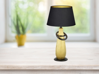 Große Keramik LED Tischleuchte Stoffschirm in Gold/Schwarz, Höhe 38cm