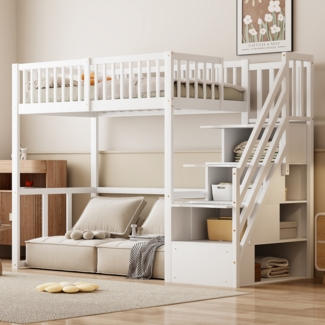 Merax Hochbett Massivholz Kinderbett Einzelbett 90x200cm mit Stauraumtreppe, weiß