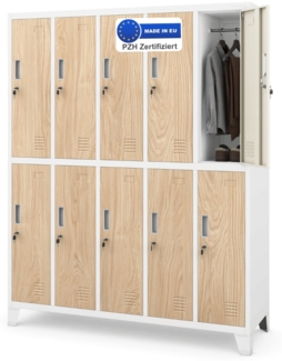 Umkleideschrank Spind BERLIN - 10 Abteile, Etikettenhalter Lüftungsschlitze | Umkleidespind Schließfachschrank Garderobenspind, 172 x 136 x 45 cm Weiß-Sonoma Eiche