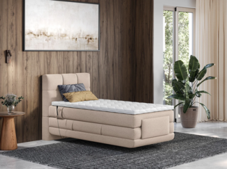 Vente-unique - Boxspringbett mit gestepptem Kopfteil + elektrischem Untergestell mit Relaxfunktion + Matratze + Topper - 100 x 200 cm - Stoff - Beige - LODI von PALACIO