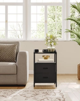 Nachttisch mit LED-Leuchten und Ladestation, Beistelltisch mit 2 Stoff-Schubladen und Regalen, mit USB-Anschlüssen & Steckdosen, für Schlafzimmer, Wohnzimmer, Schwarz