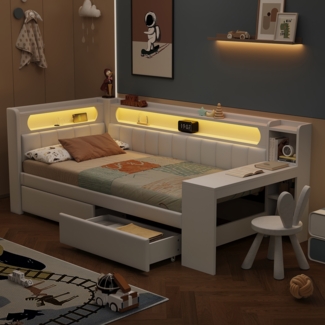 Gepolstertes Daybed, 90x200, mit USB-Anschlüssen und LED-Gürtel, mit Schreibtisch und 2 Schubladen,Weiß, 90 x 200 cm