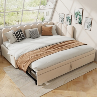 Merax Daybett Polsterbett 90x200cm mit Ausziehbett, Schlafsofa Tagesbett mit Rückenlehne, Jugendbett Kinderbett mit Lattenrost, Sofabett Daybett Samt, beige