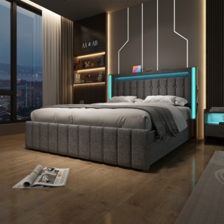 Polsterbett 160x200 cm mit Stauraum, LED-Beleuchtung und integrierter USB- & Type-C-Ladefunktion – modernes Leinen-Design