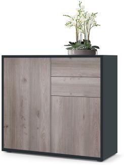 Vladon Sideboard Ben, Kommode mit 2 Türen und 2 Schubladen, Schwarz matt/Eiche Nordic (79 x 74 x 36 cm)