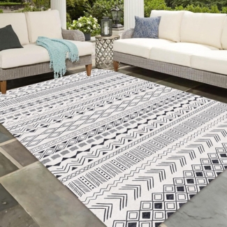 Modernes In-& Outdoor Teppich 200x300 Schwarz Vintage-Optik Geometrisches Style