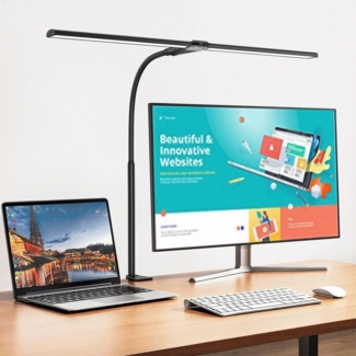 oyajia Schreibtischlampe Dimmbar LED Schreibtischlampe,80cm Doppelkopf klemmbar für Home Office, LED fest integriert, Kaltweiß/Naturweiß/Warmweiß, Schwanenhals-Büro-Tischlampe, mit 5 Farbtemperatur-Helligkeitsstufen