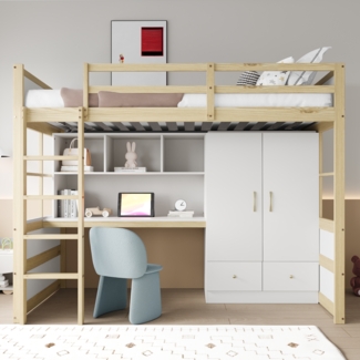 Merax Hochbett 90 x 200 cm, Kinderbett, Jugendbett, Einzelbett, Mit Leiter, Mit Schreibtisch mit Stauraum, Mit Kleiderschrank und Schubladen, Holzfarbe