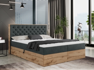 Boxspringbett mit Multipocket-Matratze und Zwei Bettkästen, Doppelbett mit Stauraum - ALBERO 3 - 160 x 200 cm - Dunkelgrau Stoff - H4