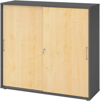 bümö Schiebetürenschrank 3OH - Aktenschrank abschließbar, Sideboard Schrank mit Schiebetüren in Graphit/Ahorn, Bügelgriff - Büroschrank aus Holz mit Schiebetür, Büro Kommode für Ordner & Co, 1753S-G-3-BS