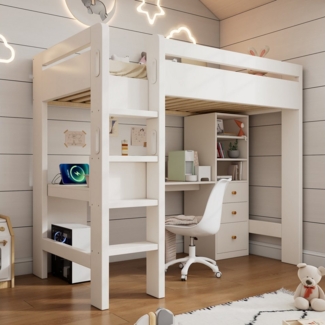 OKWISH Hochbett Einzelbett mit Holzlattenrost, USB/Type-C Ladebereich (Etagenbett, Kinderbett, Massivholzbett mit Leiter, 1-St, 90×200cm, ohne Matratze) mit L-förmigem Schreibtisch, Regalen und Schubladen