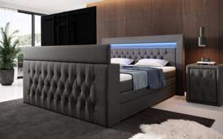 Luxusbetten24 Boxspringbett Sonino, mit TV Lift, RGB-Beleuchtung und Stauraum
