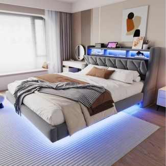 Flieks Polsterbett, Doppelbett 180x200 cm mit Stauraum-Kopfteil, Aufladen, LED-Beleuchtung