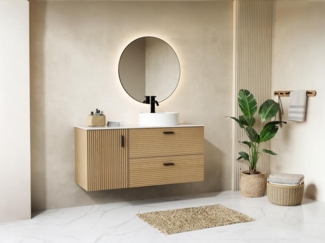 Vente-unique - Badezimmermöbel geriffelt hängend mit Aufsatzwaschbecken rund - 1 Tür und 2 Schubladen - Natur hell - 120 cm - SARONE