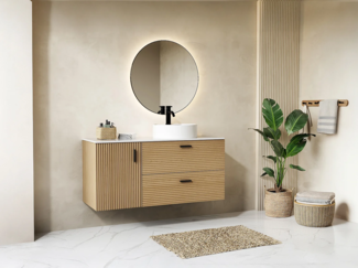 Vente-unique - Badezimmermöbel geriffelt hängend mit Aufsatzwaschbecken rund - 1 Tür und 2 Schubladen - Natur hell - 120 cm - SARONE