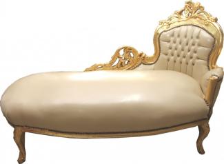 Casa Padrino Barock Chaiselongue Creme / Gold Lederoptik - Recamiere Liege Lounge