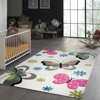 TeppichHome24 Kinderteppich Kinderteppich Schmetterling Design Creme Pink Grau Grün Blau, rechteckig, Höhe: 13 mm