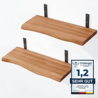 LAMO Manufaktur Wandregal LAMO Manufaktur 2 Stück Wandregal Holz 2x 42cm, Schweberegal Massiv 100% Echtholz, Wandregale SET 2 Baumkante Farbe: Dunkel