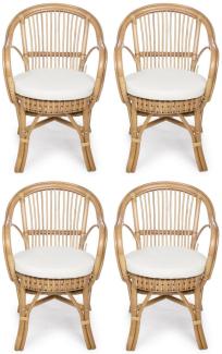 Casa Padrino Luxus Gartenstuhl 4er Set Naturfarben / Weiß 57 x 61 x H. 80 cm - Rattan Stühle mit Armlehnen und Sitzkissen - Moderne Rattan Garten & Terrassen Möbel