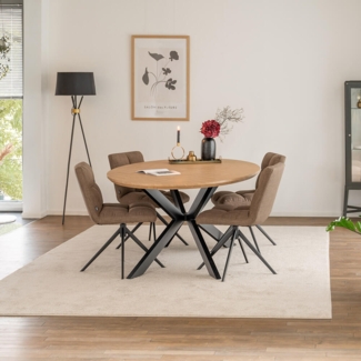 HOME DELUXE Essgruppe Oval inkl. Sternfuß - 200 x 120 cm Fishbone Oak 4 Stühle Grau / Braun