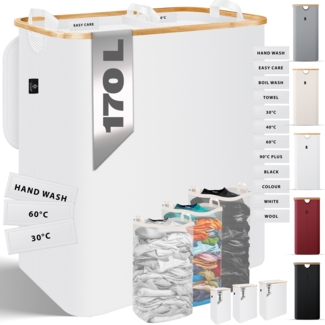 KESSER® Wäschekorb mit Deckel faltbar Wäschebox Wäschetruhe Wäschetonne | Wäschesammler mit herausnehmbaren Wäschesäcke | Laundry Baskets Wäschesortierter inkl. Waschhinweisen Weiß, 170 L