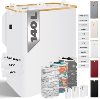 KESSER® Wäschekorb mit Deckel faltbar Wäschebox Wäschetruhe Wäschetonne | Wäschesammler mit herausnehmbaren Wäschesäcke | Laundry Baskets Wäschesortierter inkl. Waschhinweisen Weiß, 140 L