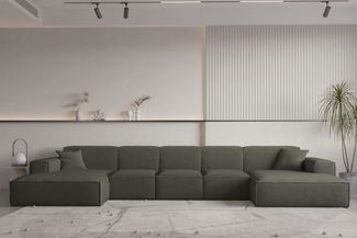 Wohnlandschaft U-Form CELES PREMIUM XL in Stoff Ascot Bukla Moosgrün