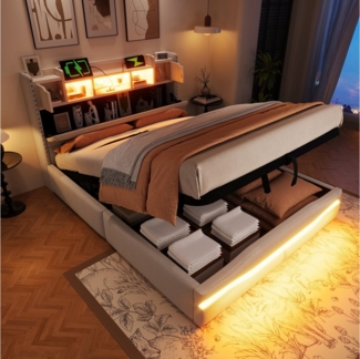 Ulife Polsterbett Hydraulisch Stauraumbett, Doppelbett mit LED-Beleuchtung (Ohne Matratze), Kopfteil mit Staufach, Steckdosen & USB-C, 140x200cm