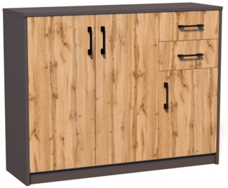 Home Collective Kommode mit 2 Schubladen und 3 Türen in matter Ausführung, Kommode 110cm breit (Hergestellt aus laminierten Platten, Metallrollen mit Auszugsperre), Holz Schrank Sideboard Highboard Kommode mit Schubladen Graphit-Eiche