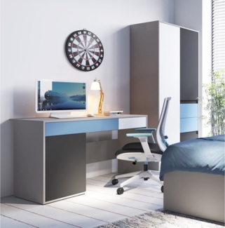Jugendzimmer Schreibtisch mit Kleiderschrank LIIVA-129 in grau mit schwarz, weiß, blau, B/H/T: ca. 223,1/197/60,1 cm