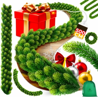 KESSER® Weihnachtsgirlande | Naturgetreues Tannengrün - wie echt - IP 44 Outdoor & Indoor Girlande - Treppen, Tür, Balkon, Weihnachtsdeko + Tasche - Dunkelgrün Ohne LED, 500 cm