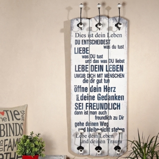 Wandgarderobe 100x40 cm Dies ist ein Leben 6 Kleiderhaken Flurpaneel Holz Deko