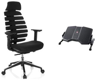 hjh OFFICE 714540 Profi Bürostuhl Ergo LINE II PRO Stoff Schwarz ergonomischer Drehstuhl + Fußstütze Büro PODI II Schwarz ergonomische Fußablage