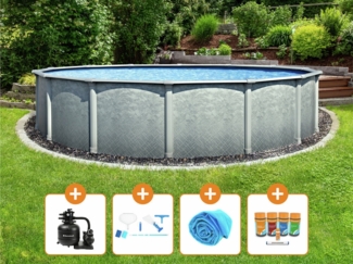 Steinbach Aktionsangebot Stahlwand Swimming Pool Set "Grande rund", Ø 366 x 135 cm,Zubehörset S (inkl. Filteranlage, Grundreinigungsset, Chlor Starterset, Solarabdeckplane)