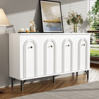 Sideboard 140x34x78 cm, 4 Türen, 3D-Bogenfront in Weiß – modernes Stauraummöbel mit Soft-Close