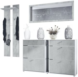 Vladon Garderoben-Set Orlando, (Garderoben-Set, mit Schuhschrank, Wandpaneel und Wandspiegel), Weiß matt/Beton Oxid Optik